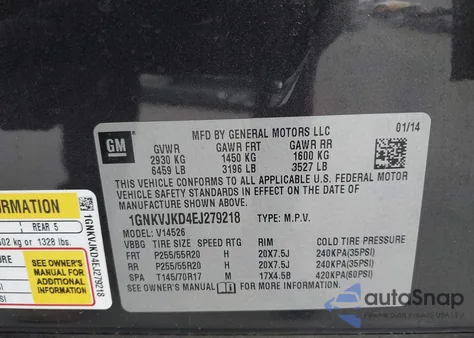 2014 Chevrolet Traverse Ltz z USA, uszkodzony, nr VIN 1GNKVJKD4EJ279218